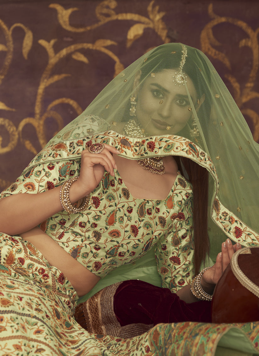 Pastel Green Art Silk Embroidered Wedding Lehenga Choli