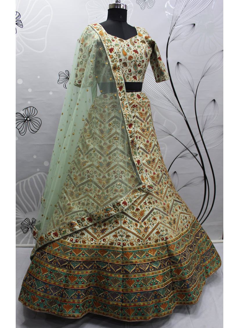Pastel Green Art Silk Embroidered Wedding Lehenga Choli