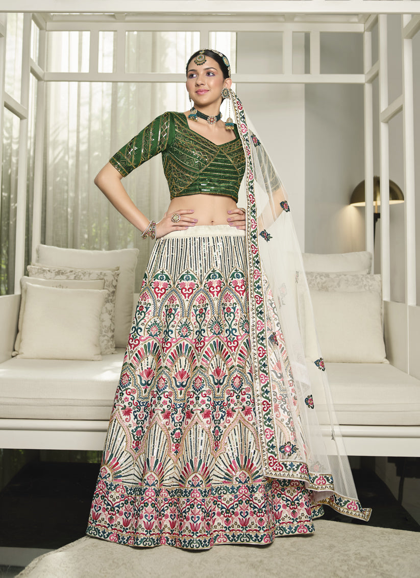 White Silk Embroidered Lehenga Choli