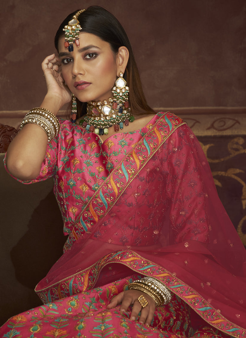 Pink Art Silk Embroidered Wedding Lehenga Choli