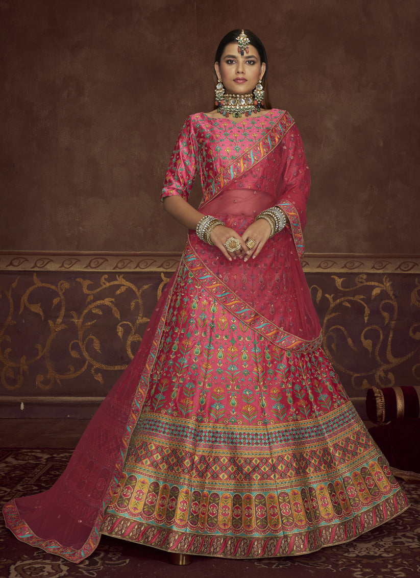 Pink Art Silk Embroidered Wedding Lehenga Choli