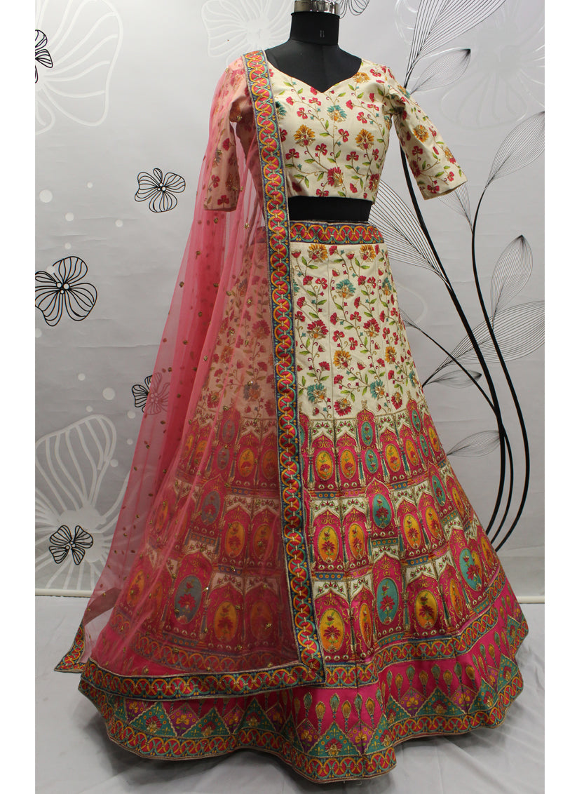 Cream Art Silk Embroidered Wedding Lehenga Choli
