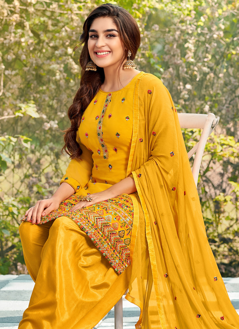 Mustard Yellow Faux Georgette Embroidered Ready Made Patiala Suit