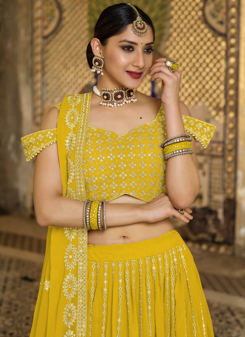 Mustard Georgette Sequins Wedding Lehenga Choli