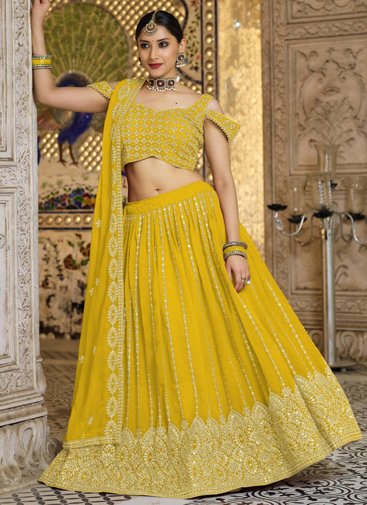 Mustard Georgette Sequins Wedding Lehenga Choli