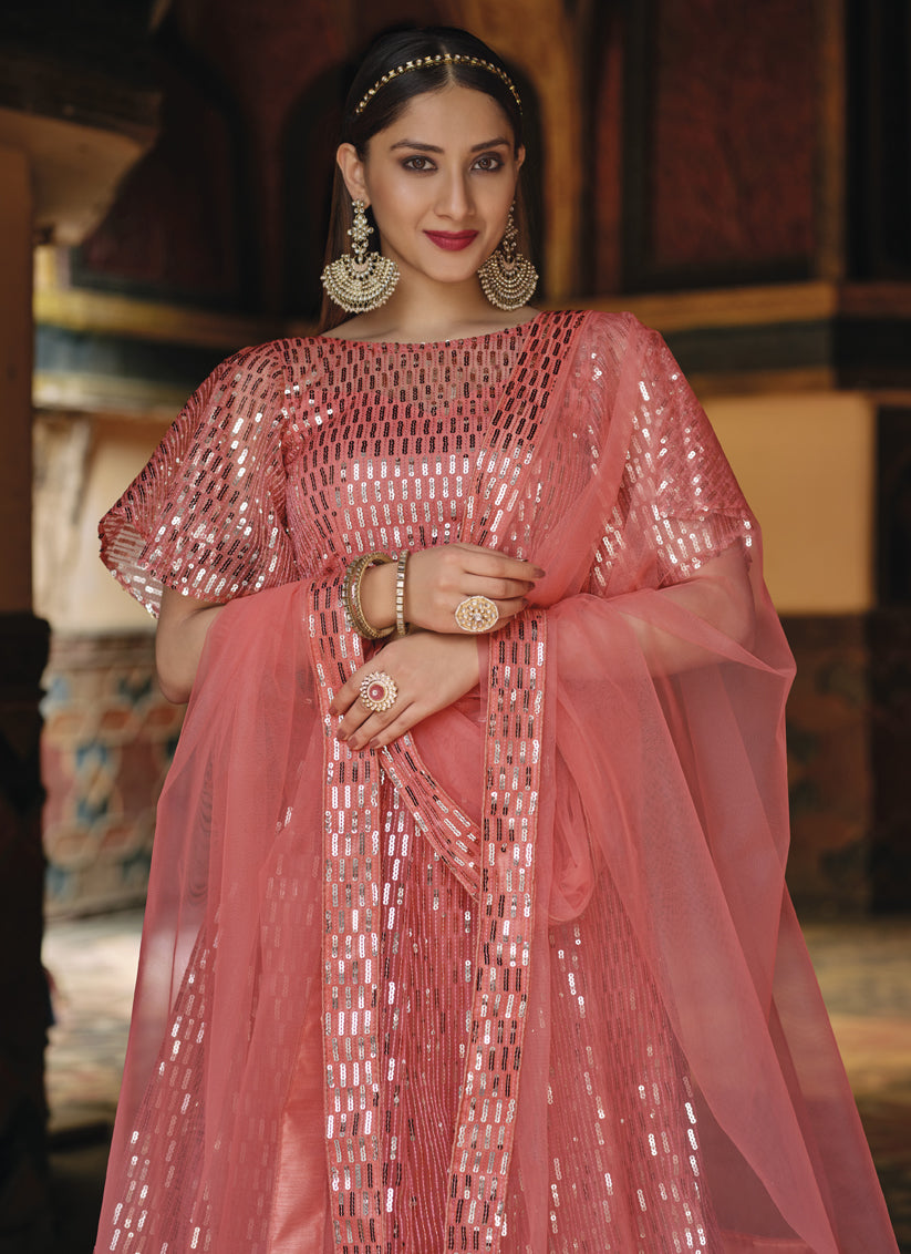 Coral Pink Net Sequins Designer Lehenga Choli