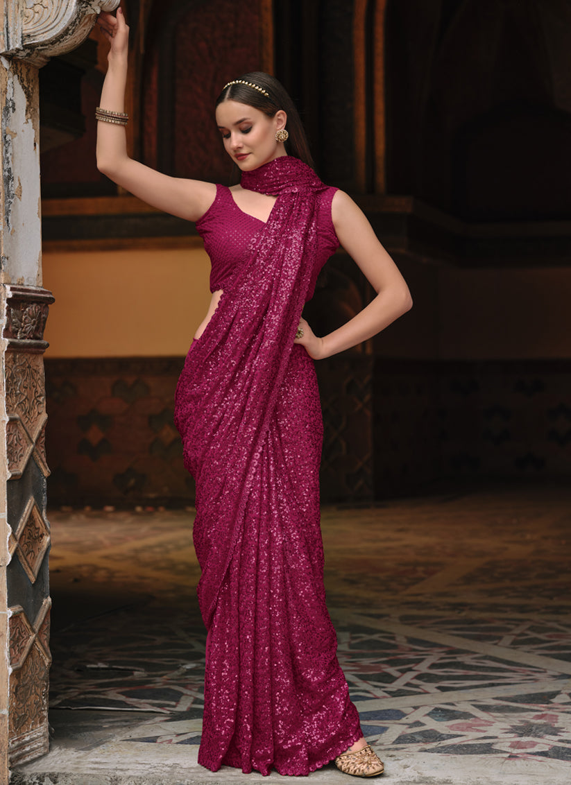 Pink Georgette Dual Sequins Work Party Wear Saree