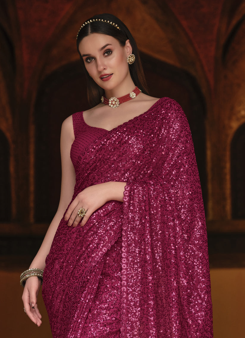 Pink Georgette Dual Sequins Work Party Wear Saree