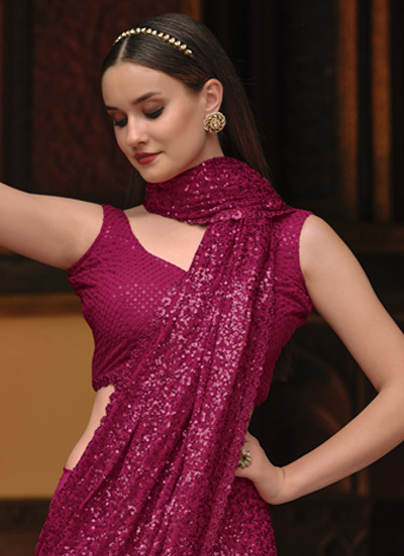 Pink Georgette Dual Sequins Work Party Wear Saree