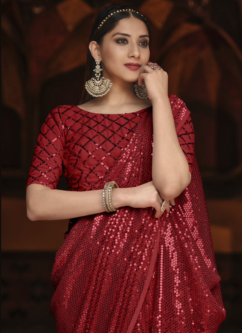 Cherry Red Georgette Sequins Party Wear Saree