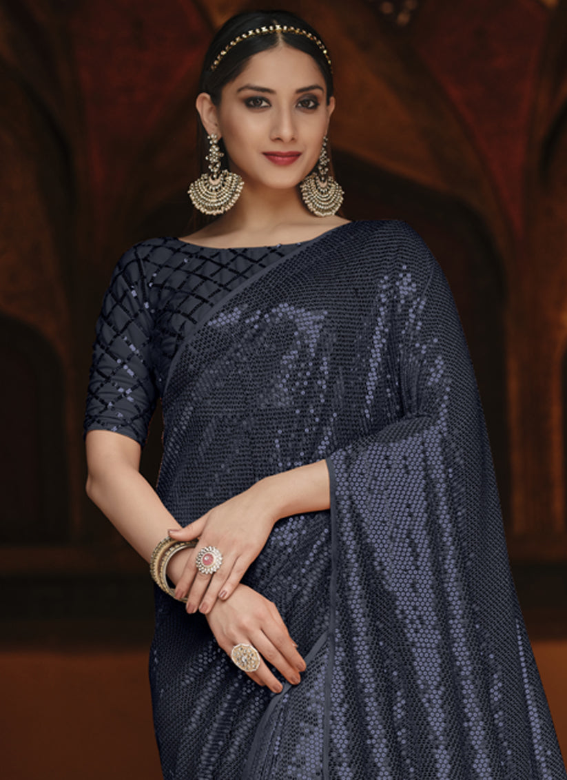 Midnight Blue Georgette Sequins Party Wear Saree
