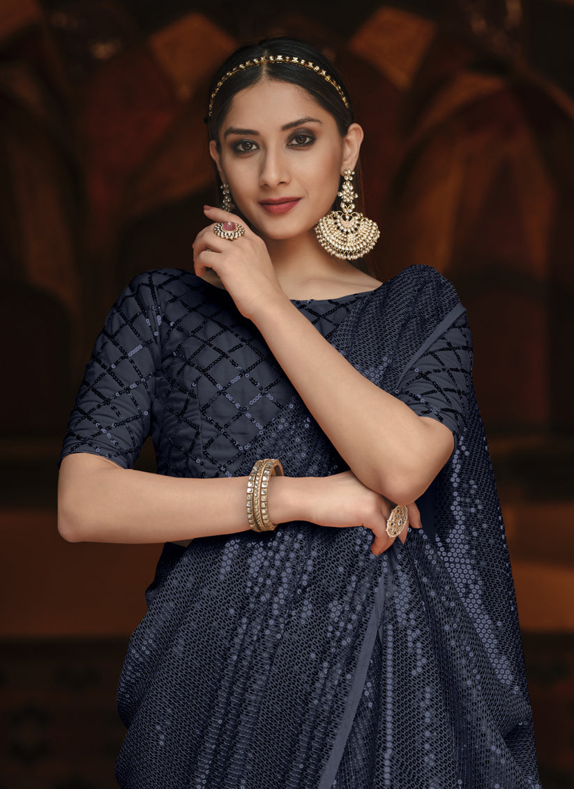 Midnight Blue Georgette Sequins Party Wear Saree