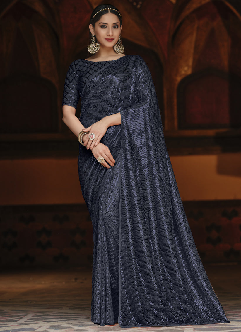 Midnight Blue Georgette Sequins Party Wear Saree