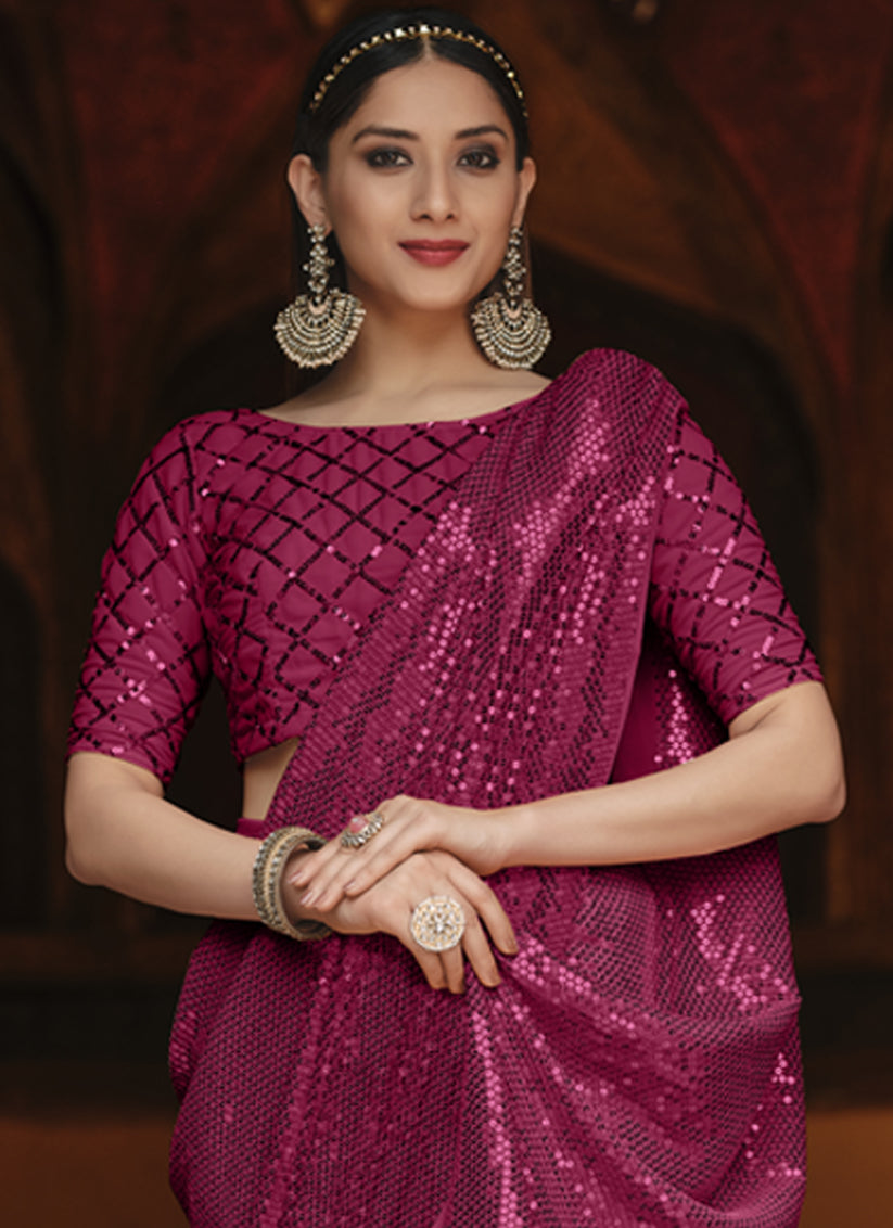 Magenta Georgette Sequins Party Wear Saree
