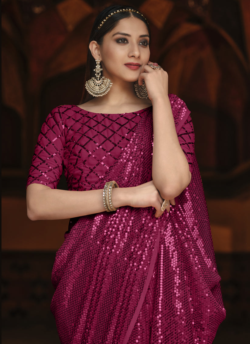Magenta Georgette Sequins Party Wear Saree