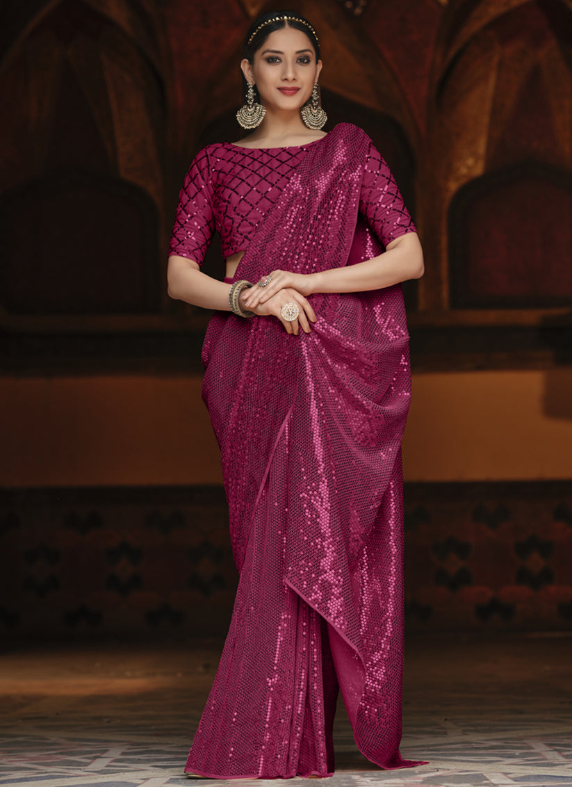 Magenta Georgette Sequins Party Wear Saree