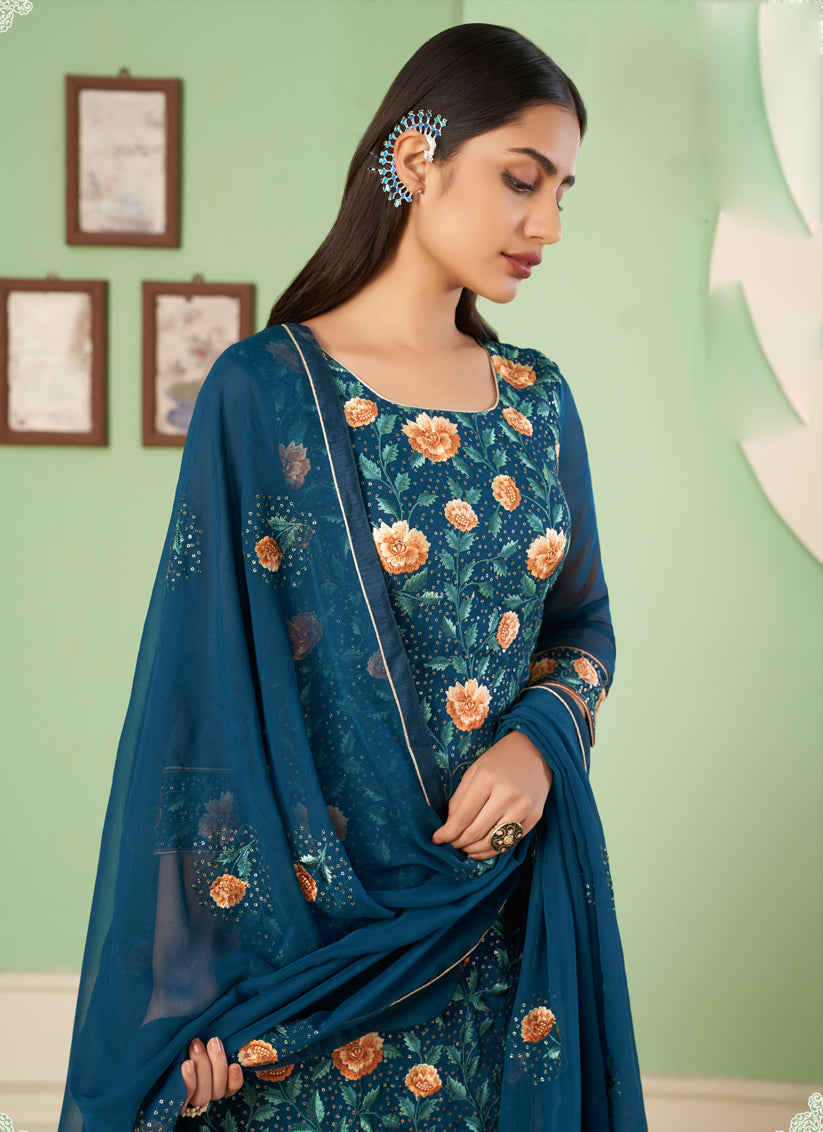 Peacock Blue Georgette Embroidered Sarara Kameez