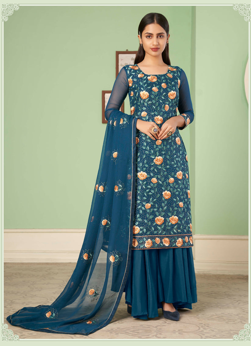 Peacock Blue Georgette Embroidered Sarara Kameez