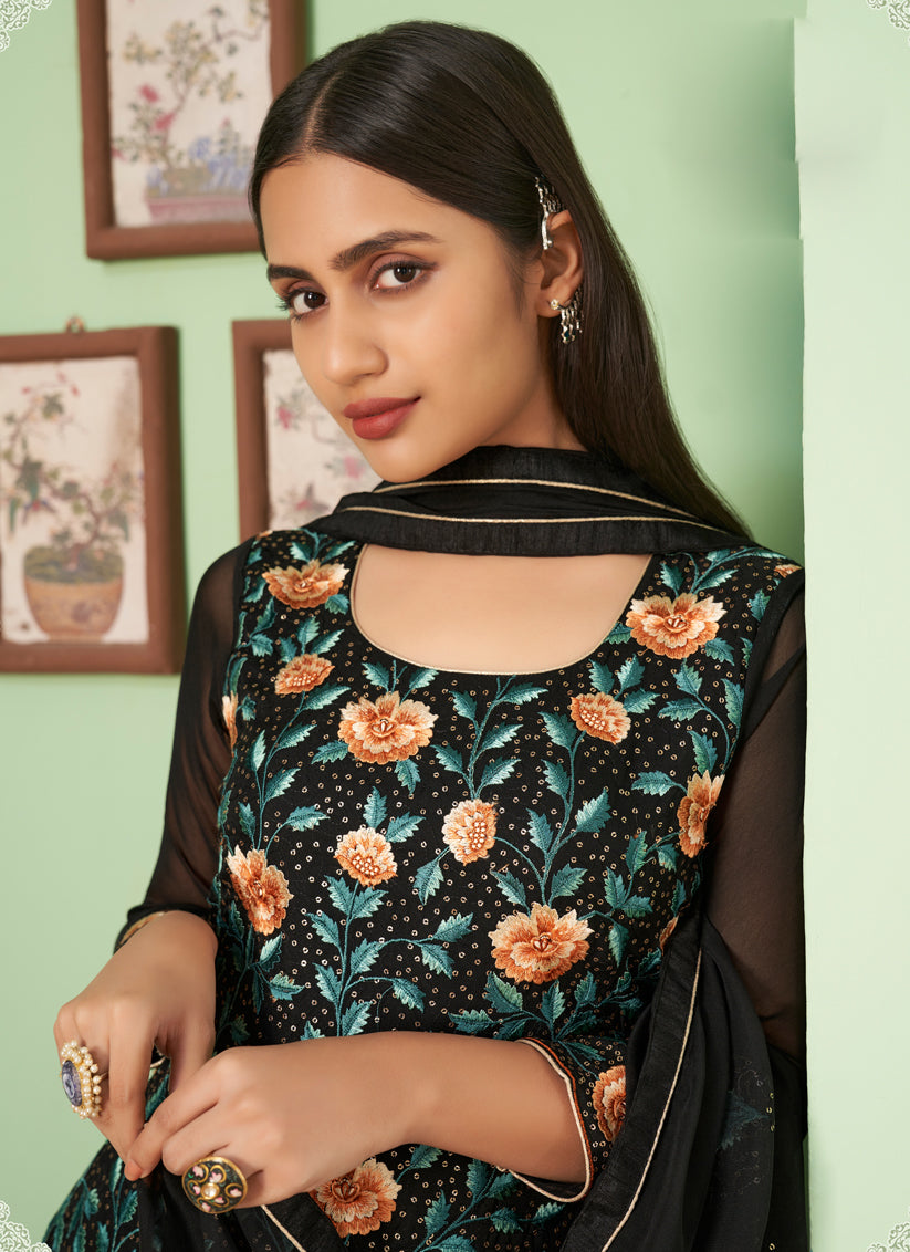 Black Georgette Embroidered Sarara Kameez