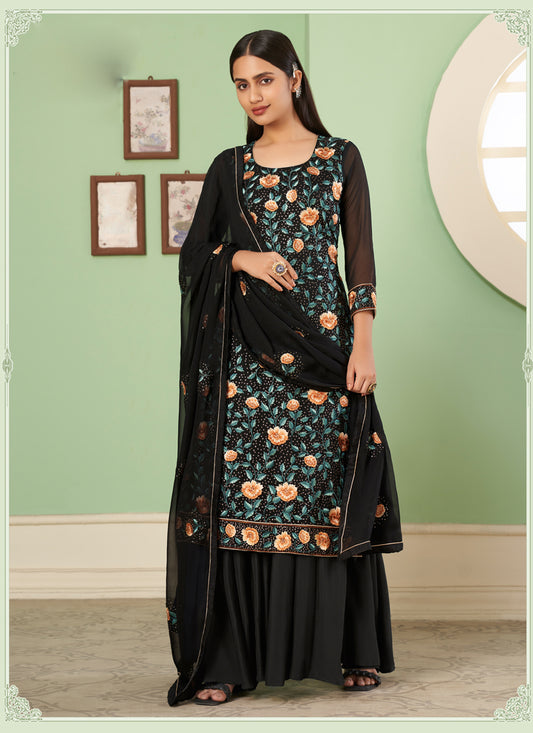 Black Georgette Embroidered Sarara Kameez