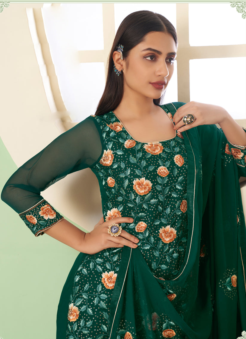 Pine Green Georgette Embroidered Sarara Kameez