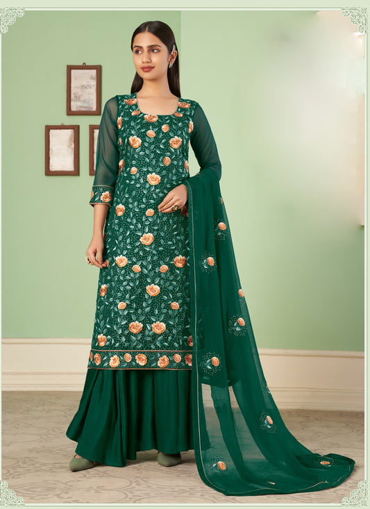 Pine Green Georgette Embroidered Sarara Kameez
