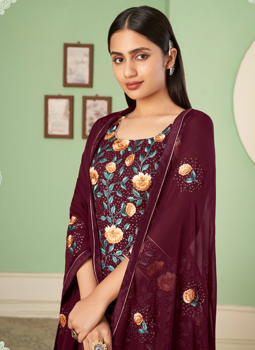 Garnet Maroon Georgette Embroidered Sarara Kameez
