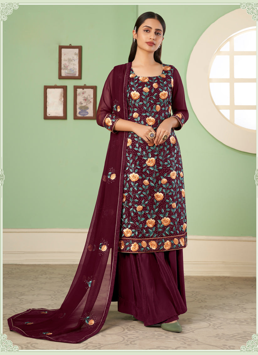 Garnet Maroon Georgette Embroidered Sarara Kameez