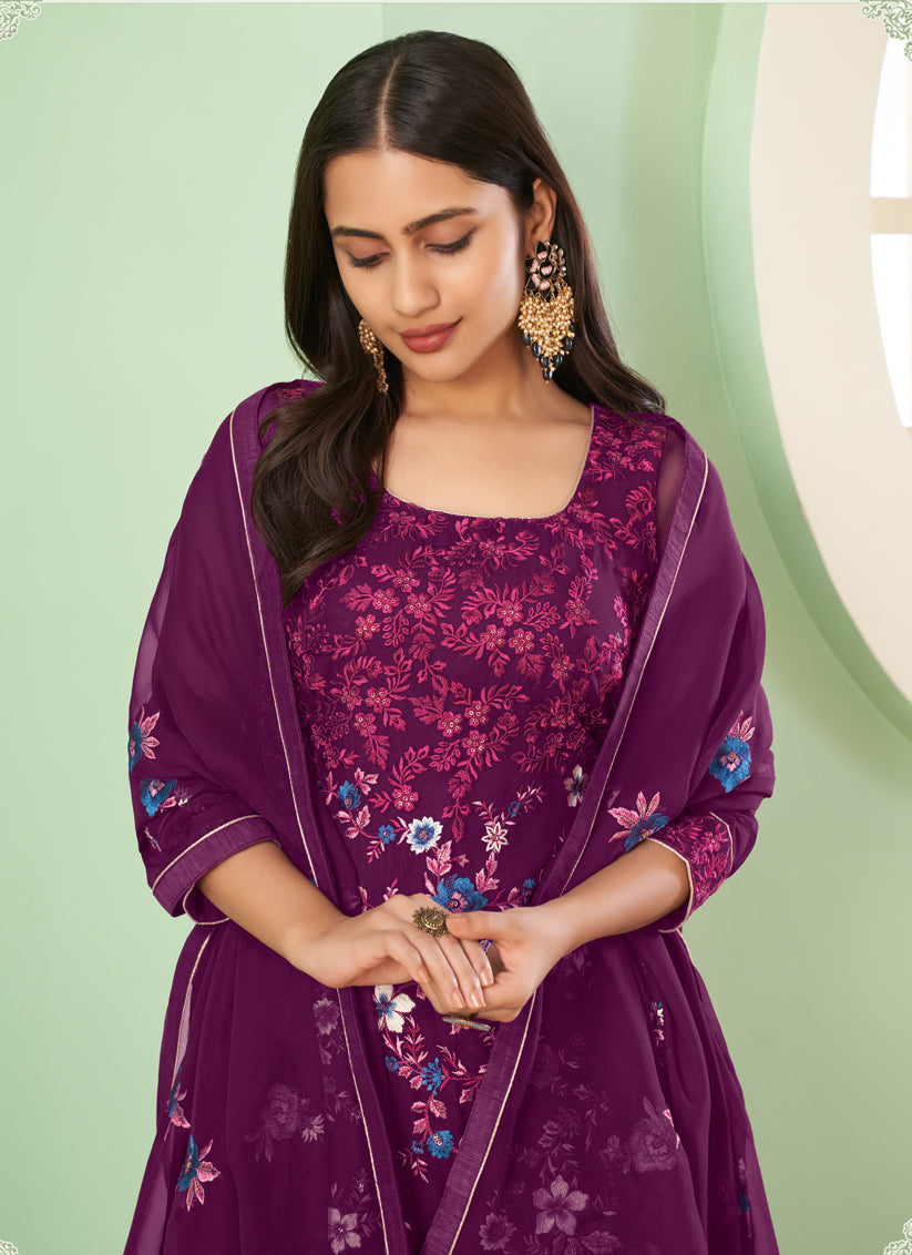 Wine Georgette Embroidered Sarara Kameez