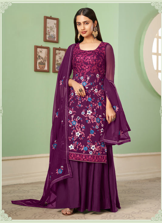Wine Georgette Embroidered Sarara Kameez