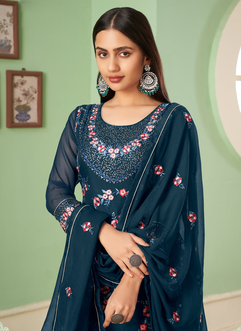 Prussian Blue Georgette Embroidered Sarara Kameez