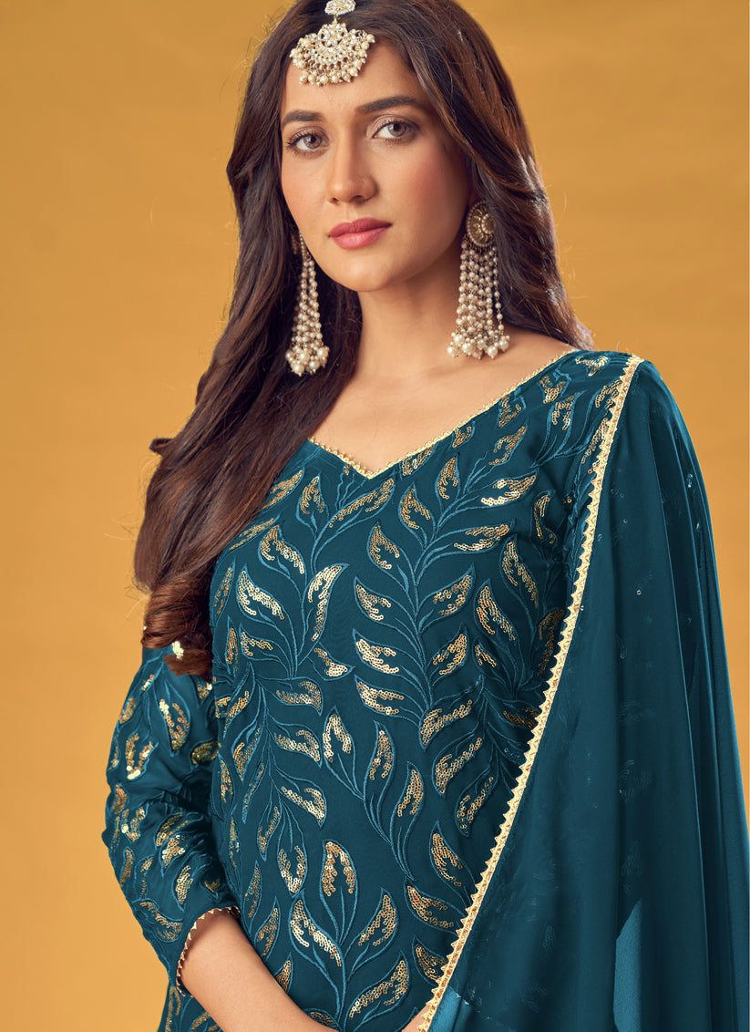 Peacock Blue Faux Georgette Sequins Palazzo Kameez