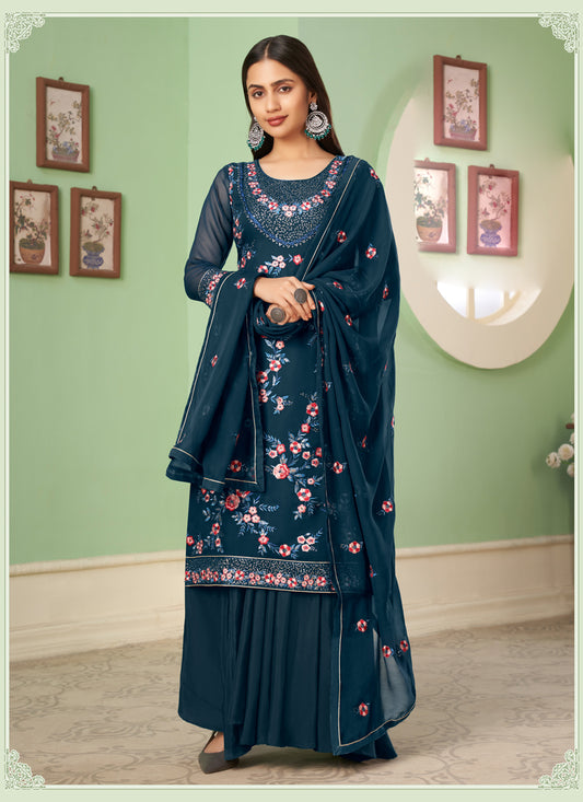 Prussian Blue Georgette Embroidered Sarara Kameez