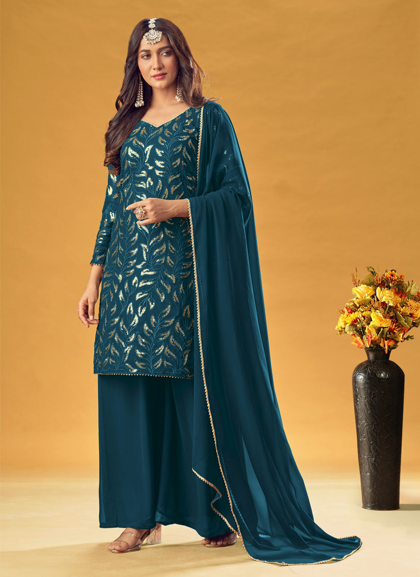 Peacock Blue Faux Georgette Sequins Palazzo Kameez