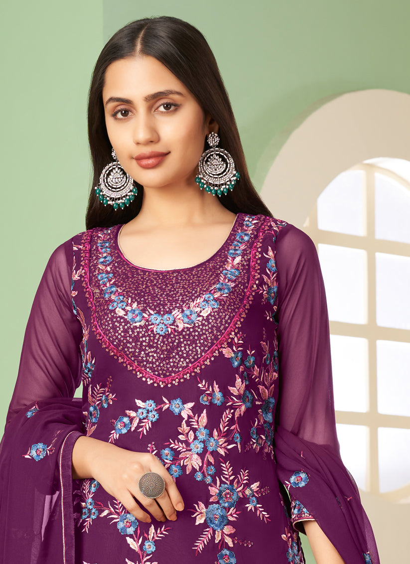 Wine Georgette Embroidered Sarara Kameez