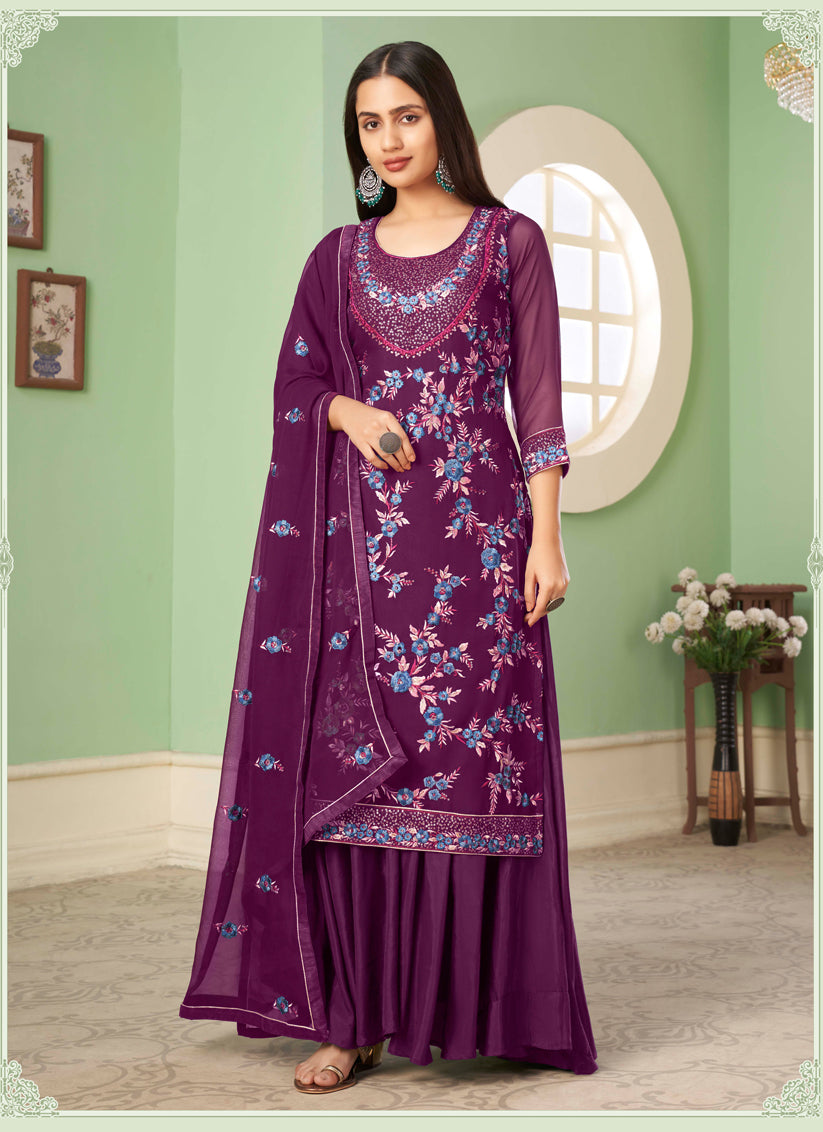 Wine Georgette Embroidered Sarara Kameez
