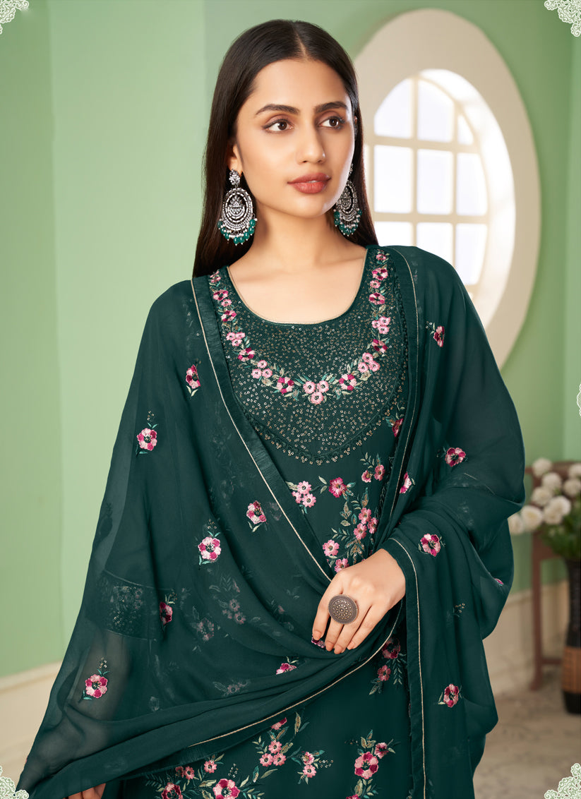 Teal Green Georgette Embroidered Sarara Kameez