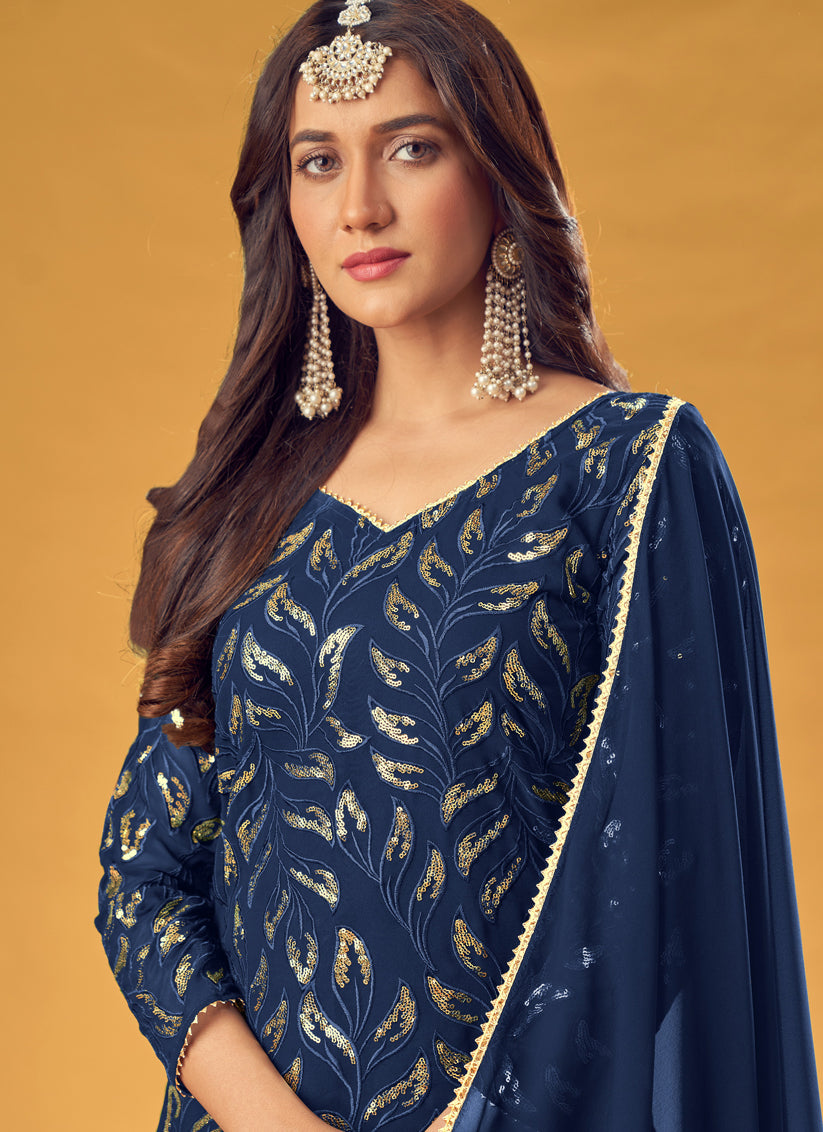 Navy Blue Faux Georgette Sequins Palazzo Kameez