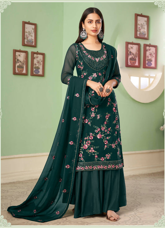Teal Green Georgette Embroidered Sarara Kameez