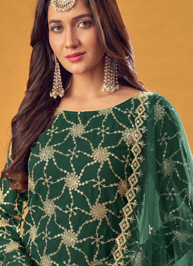 Bottle Green Faux Georgette Embroidered Palazzo Kameez