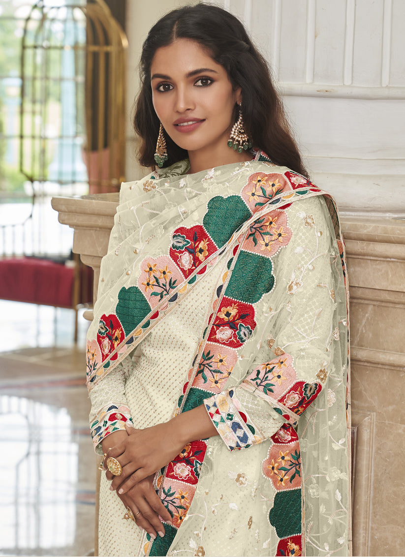 Ivory Georgette Embroidered Churidar Kameez