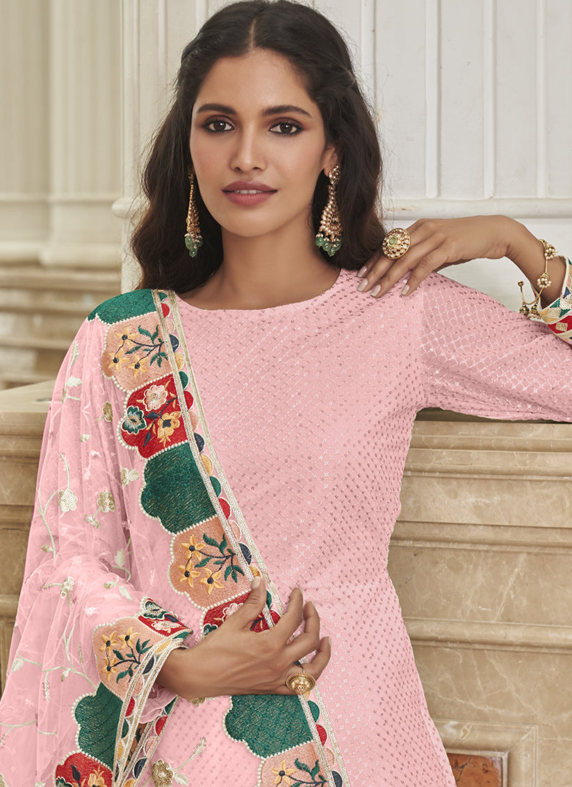 Rose Pink Georgette Embroidered Churidar Kameez