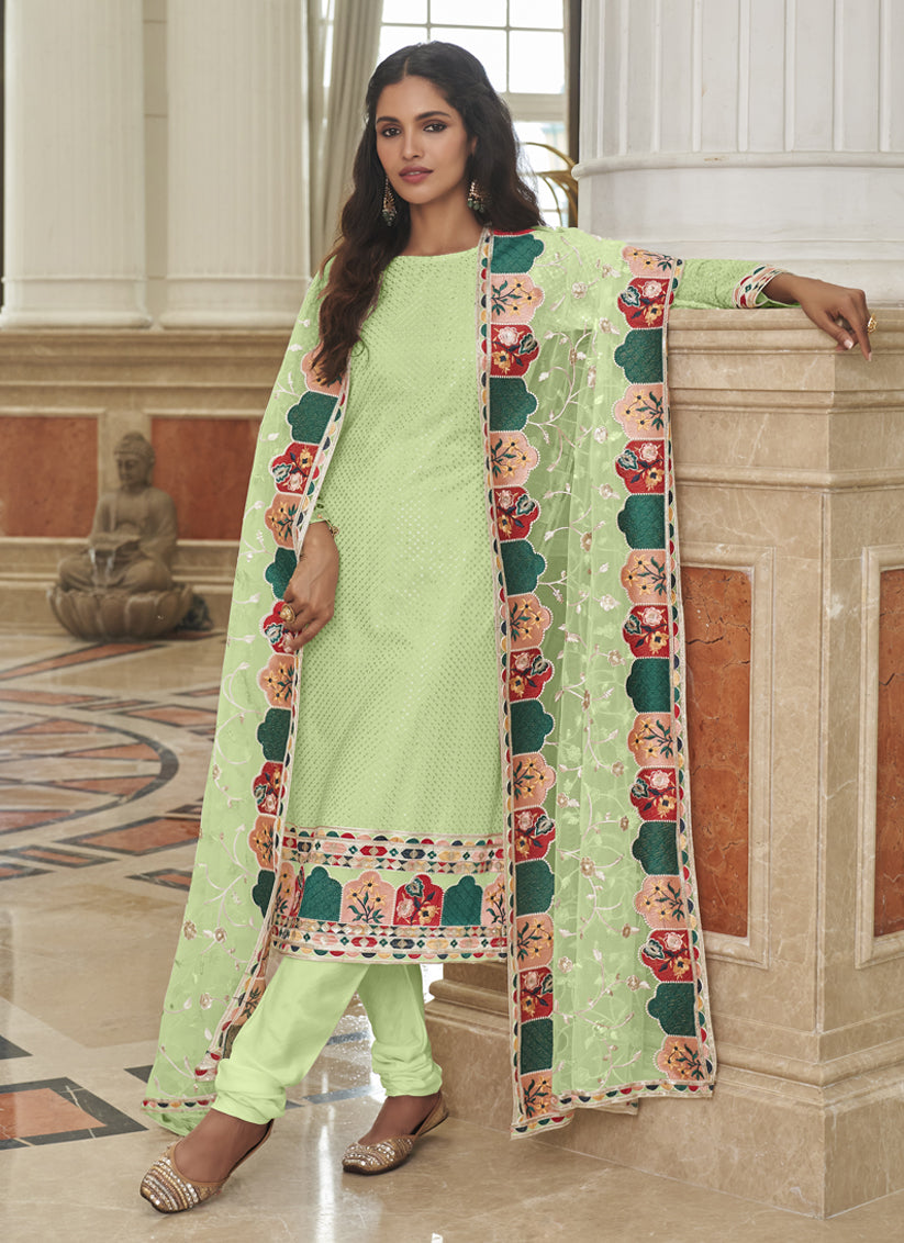 Pistachio Green Georgette Embroidered Churidar Kameez