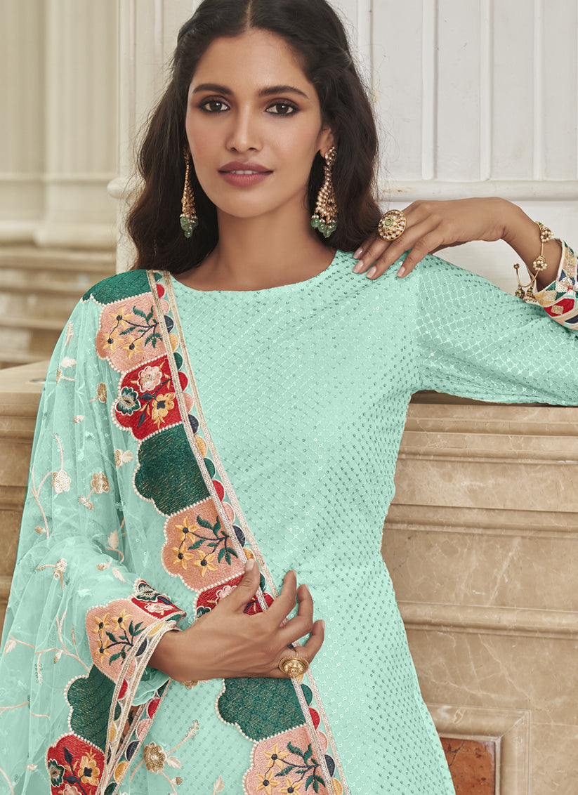 Ice Blue Georgette Embroidered Churidar Kameez