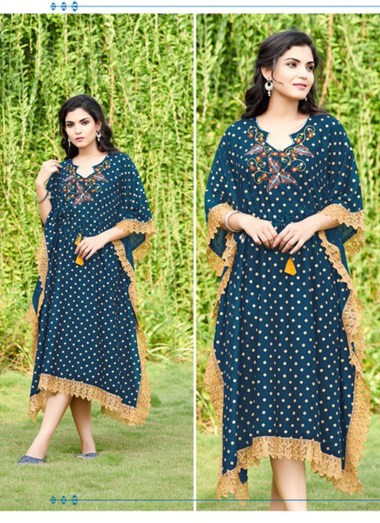 Navy Blue Heavy Rayon Kaftan Style Readymade Kurti