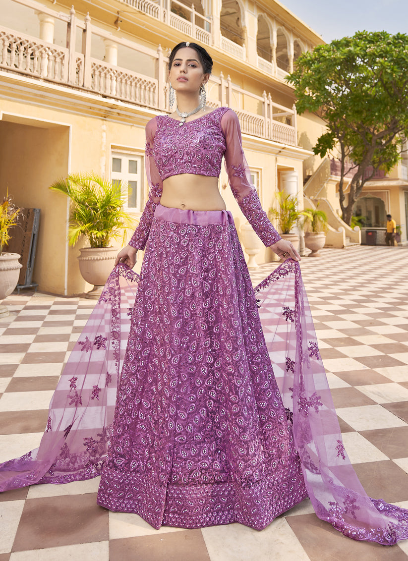 Mauve Net Embroidered Designer Lehenga Choli