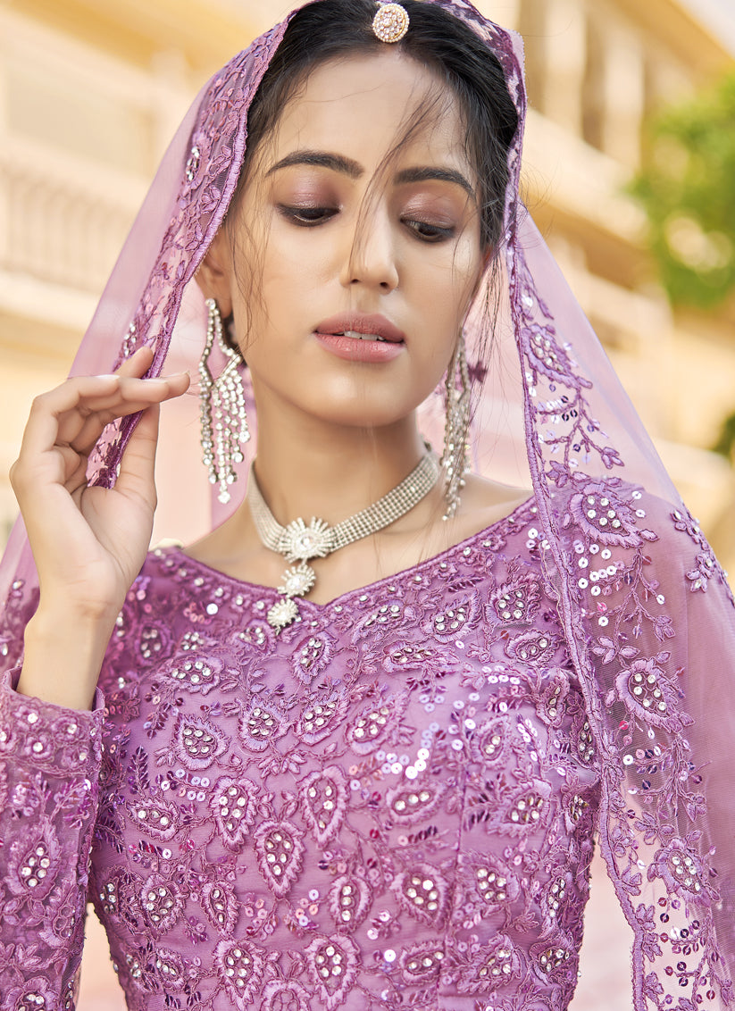 Mauve Net Embroidered Designer Lehenga Choli