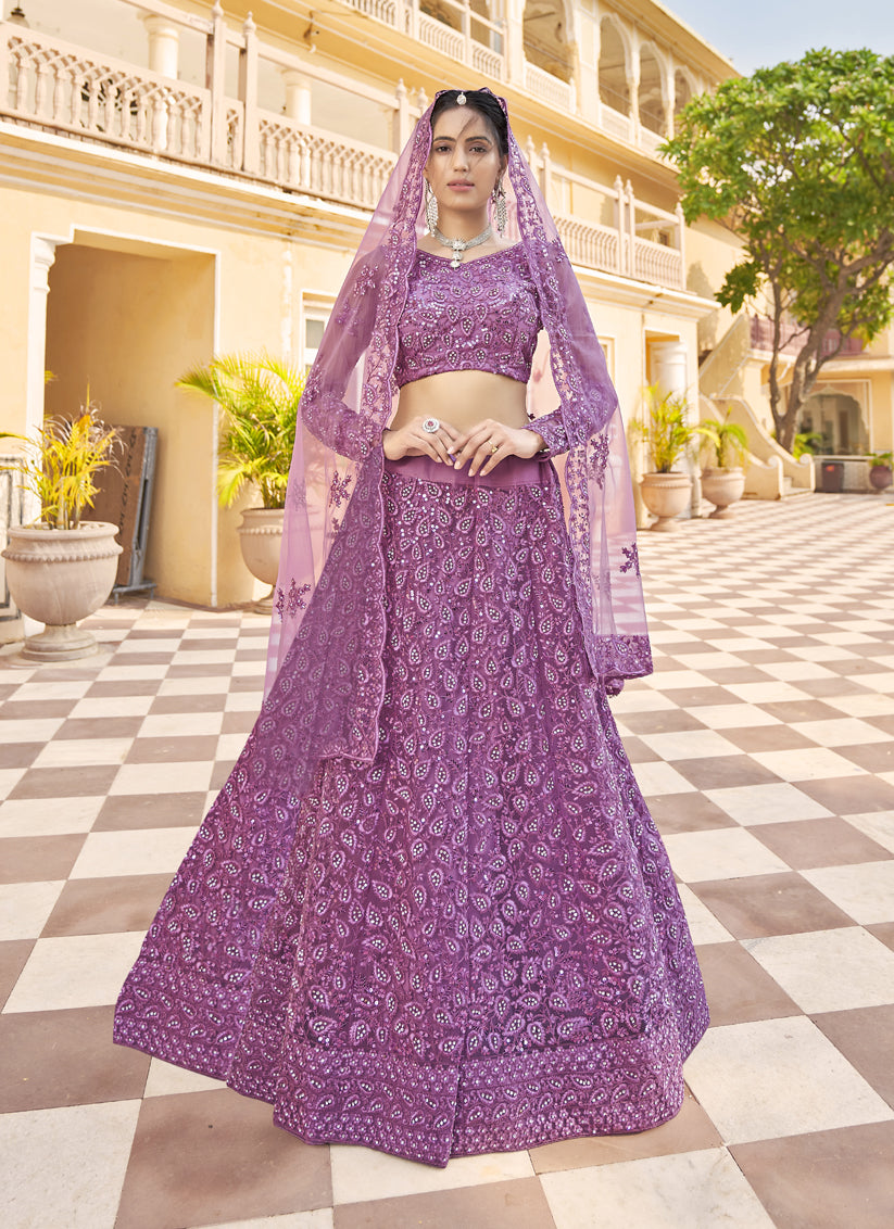 Mauve Net Embroidered Designer Lehenga Choli