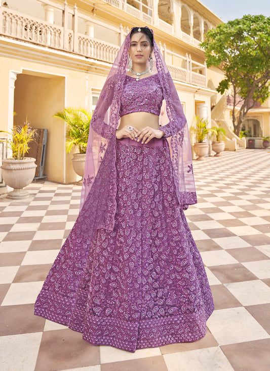 Mauve Net Embroidered Designer Lehenga Choli
