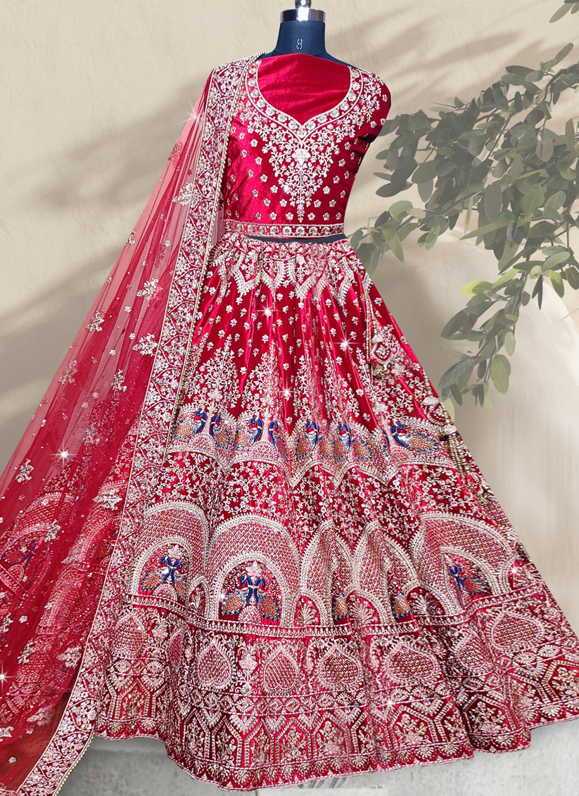 Red Velvet Embroidered Bridal Lehenga Choli